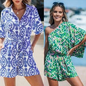 NWT Cupshe One-Shoulder & Belted Ornate Print Romper Beachy Vacay Bundle Size S